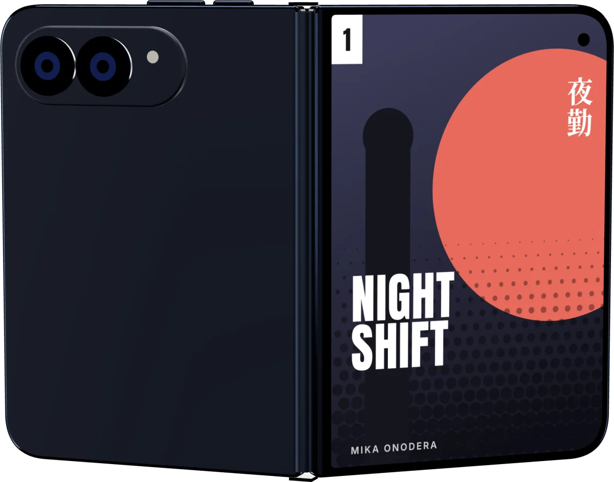 An open iPhone Duo seen from behind, its outer screen showing the cover of the invented manga Night Shift.