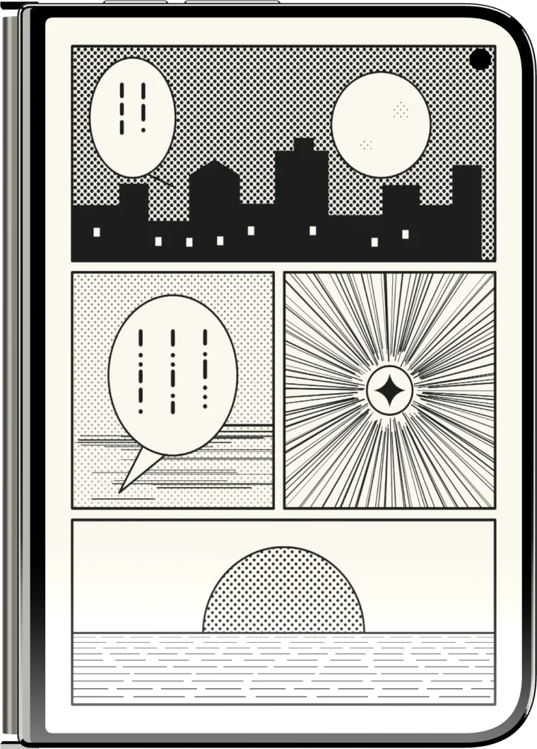 A closed iPhone Duo showing one manga page on its outer screen.