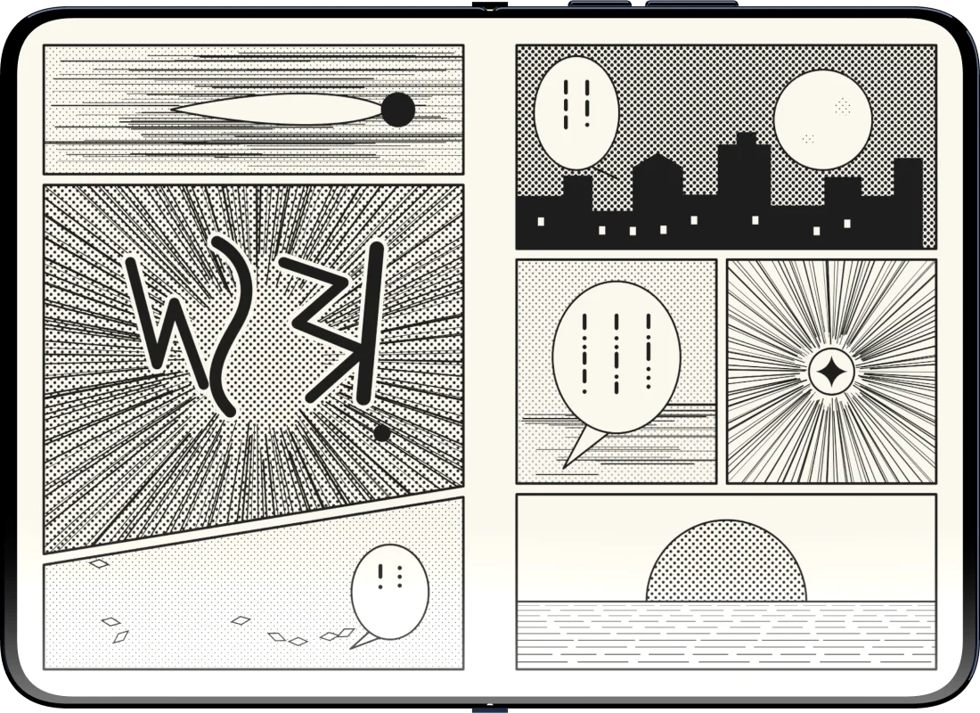 An iPhone Duo open flat, a two-page manga spread across its inner screen.