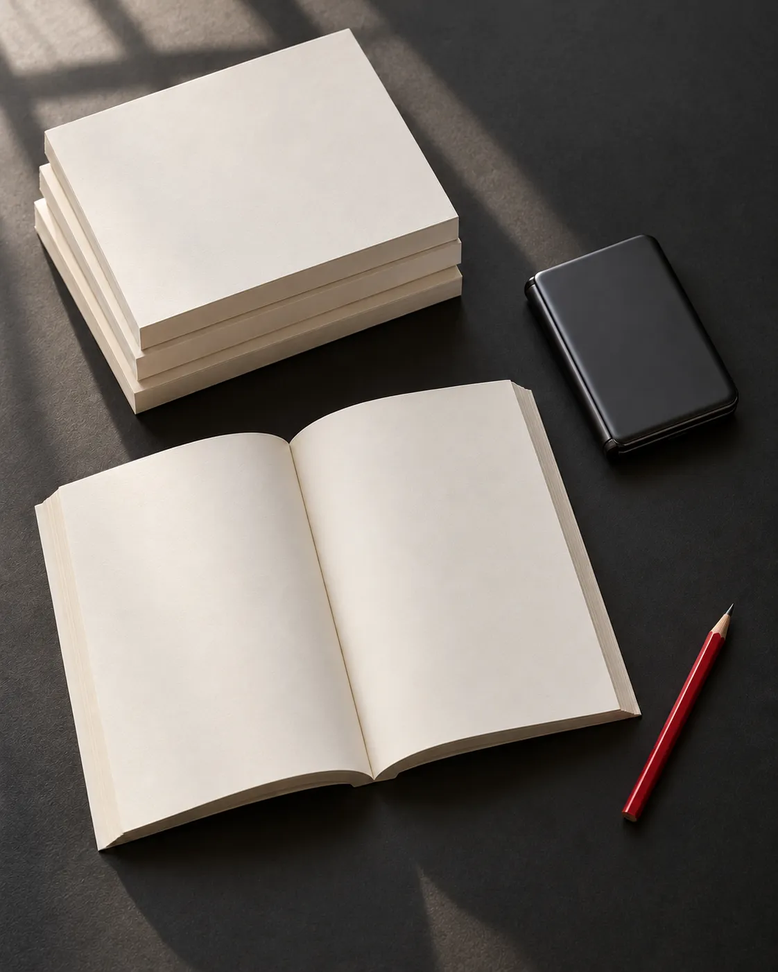 Paperback volumes with blank covers, one lying open, next to a closed phone and a red pencil.